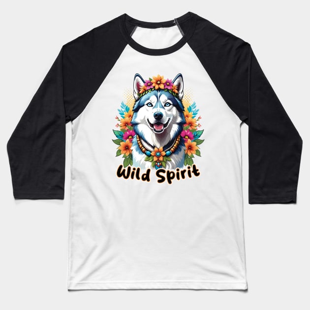 Wild Spirit - Bohemian Husky in Flowers Baseball T-Shirt by ArtfulTat